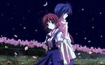  blue_hair brown_hair cherry_blossoms clannad flowers furukawa_nagisa moon night okazaki_tomoya sky stars 