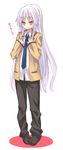  alternate_costume angel_beats! bangs blazer blush clenched_hand crossdressing flat_chest frown full_body hands_on_own_chest jacket loafers long_hair looking_away necktie pants parted_bangs ponytail regu school_uniform shoes sidelocks simple_background solo standing tenshi_(angel_beats!) translated very_long_hair white_background white_hair yellow_eyes 