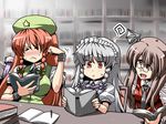  &gt;_&lt; :&lt; alternate_hair_length alternate_hairstyle bespectacled blush book bow braid breasts brown_hair clenched_hand closed_eyes confused glasses hair_bow head_wings highres hong_meiling izayoi_sakuya koakuma large_breasts library long_hair maid_headdress multiple_girls necktie patchouli_knowledge pen reading red_eyes red_hair silver_hair squiggle table touhou tsuki_wani twin_braids voile younger 