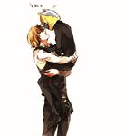  1girl animal_helmet bad_id bad_pixiv_id black_bodysuit blonde_hair blue_eyes bodysuit carrying celty_sturluson couple durarara!! hands_on_shoulders heiwajima_shizuo helmet hetero looking_down looking_up motorcycle_helmet simple_background tuxedo yone_(kaguudou) 