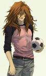  1boy adult ball blue_eyes brown_hair denim genda_koujirou gold_eyes inazuma_eleven inazuma_eleven_(series) jeans long_hair male male_focus older pants soccer_ball solo timeskip yellow_eyes 