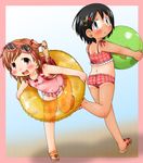  :d armpits backpack bag ball beachball bikini black_eyes black_hair blush brown_eyes brown_hair casual_one-piece_swimsuit child covered_navel denki_(digi6598) flat_chest frame frilled_swimsuit frills goggles goggles_on_head hair_ornament hairclip looking_at_viewer megu's_friend_(mitsudomoe) megu_(mitsudomoe) mitsudomoe multiple_girls one-piece_swimsuit one-piece_tan open_mouth randoseru sandals short_hair short_twintails skindentation smile swimsuit tan tankini tanline twintails 