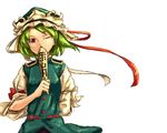  alternate_eye_color arm_behind_back covering_mouth green_hair hands hat looking_at_viewer one_eye_closed red_eyes rod_of_remorse shibasaki_shouji shiki_eiki short_hair simple_background solo touhou white_background 