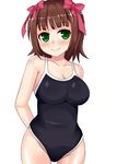  amami_haruka black_swimsuit brown_hair competition_swimsuit green_eyes idolmaster idolmaster_(classic) kagami_yuu one-piece_swimsuit ribbon short_hair solo swimsuit white_background 