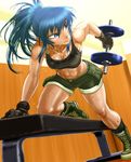  abs blue_eyes blue_hair boots boro breasts cleavage earrings gloves jewelry leona_heidern long_hair medium_breasts midriff navel ponytail shorts solo sweat tank_top the_king_of_fighters toned weightlifting weights 
