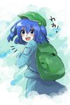  backpack bag blue_eyes blue_hair hair_bobbles hair_ornament hat kawashiro_nitori short_hair solo touhou two_side_up yutapo 