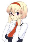  adapted_costume adjusting_eyewear alice_margatroid bespectacled blonde_hair blue_eyes face glasses hairband hands looking_back short_hair solo touhou upper_body uro 