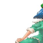  bad_id bad_pixiv_id blue_hair blush hair_bobbles hair_ornament hat kawashiro_nitori matsutani rejection running simple_background solo touhou two_side_up 