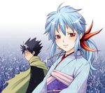  1boy 1girl black_hair blue_hair brother_and_sister cape female headband hiei japanese_clothes jewelry kimono kurakami long_hair male necklace ponytail red_eyes short_hair siblings spiked_hair yu_yu_hakusho yukina_(yu_yu_hakusho) yuu_yuu_hakusho 