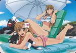  =_= ahoge back barefoot beach beach_umbrella bikini blush breasts brown_eyes brown_hair cat cleavage cloud crossed_arms day feet flower frilled_bikini frills fujiwara_sato hair_flower hair_ornament headphones hibiscus hug inflatable_raft large_breasts legs long_hair lying mizuno_kaede multiple_girls non-web_source nyan_koi! official_art on_stomach orca outdoors palm_tree_print ponytail scan scarf side-tie_bikini signature sitting sky smile sumiyoshi_kanako swimsuit umbrella underboob untied 