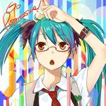  :o aqua_hair bad_id bad_pixiv_id directional_arrow glasses hatsune_miku long_hair necktie open_mouth red-framed_eyewear shuku solo spring_onion twintails upper_body vocaloid 