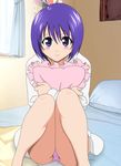  artist_request bed blush frilled_pillow frills highres panties pantyshot pantyshot_(sitting) pillow pillow_hug pink_panties purple_eyes purple_hair sairenji_haruna short_hair sitting smile solo to_love-ru underwear 