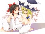  barefoot batako_(artist) black_hair blonde_hair bloomers bow braid detached_sleeves flat_chest hair_bow hakurei_reimu hat kirisame_marisa multiple_girls short_hair touhou underwear witch_hat yellow_eyes 