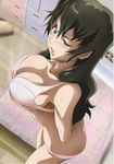  artist_request ass black_hair blush bra breasts butt_crack cleavage dressing from_above green_eyes highres kizaki_emi kurogane_no_linebarrel large_breasts lingerie long_hair one_eye_closed panties pink_panties scan solo stitched third-party_edit tight underboob underwear underwear_only 
