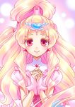  1girl artist_name blonde_hair bridal_gauntlets cure_tomorrow earrings enishi_(menkura-rin10) floating_hair hair_ornament hair_rollers hands_clasped hands_together heart heart_earrings heart_hair_ornament high_ponytail highres hugtto!_precure jewelry long_hair looking_at_viewer own_hands_together pink_eyes precure short_sleeves smile solo upper_body very_long_hair 
