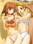  blonde_hair bra brown_hair copyright_request fitting_room lingerie multiple_girls open_mouth panties red_eyes short_hair underwear underwear_only yellow_eyes yuunagi_futaba 