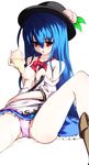  bare_shoulders blue_hair blush breasts food fruit hat hinanawi_tenshi holding holding_food holding_fruit long_hair medium_breasts open_clothes open_shirt panties peach red_eyes shirt solo touhou underwear yuuki._(limit) 