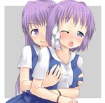  blue_eyes breast_grab breasts clannad fujibayashi_kyou fujibayashi_ryou grabbing groping hikarizaka_private_high_school_uniform incest medium_breasts multiple_girls one_eye_closed pizanuko purple_eyes purple_hair school_uniform siblings sisters twincest twins yuri 