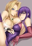  bare_shoulders blonde_hair breast_press breasts bridal_gauntlets elbow_gloves gloves hakaba_(dairiseki) highres large_breasts long_hair malariya miranda_(quiz_magic_academy) multiple_girls nipples purple_eyes purple_hair quiz_magic_academy see-through sideboob smile thighhighs 