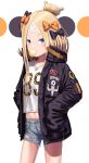  abigail_williams_(fate/grand_order) absurdres bangs black_bow black_jacket blonde_hair blue_eyes blue_shorts blush bow bubble_blowing chewing_gum clothes_writing commentary_request cowboy_shot crossed_bandaids cutoffs denim fate/grand_order fate_(series) groin hair_bow hair_bun hands_in_pockets heroic_spirit_traveling_outfit highres jacket jewelry long_hair long_sleeves looking_at_viewer midriff navel open_clothes open_jacket orange_bow parted_bangs pendant polka_dot polka_dot_bow sanbe_futoshi shirt short_shorts shorts sleeves_past_fingers sleeves_past_wrists solo very_long_hair white_background white_shirt 