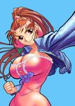  breasts brown_hair clenched_hand curvy huge_breasts k_t_(burugariya) momote_yaiko ponytail smile solo taizou_mote_king_saga 