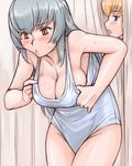  blonde_hair blue_eyes blush breasts cleavage fitting_room inconvenient_breasts large_breasts multiple_girls older one-piece_swimsuit rozen_maiden shinku silver_hair suigintou sweat swimsuit tsuda_nanafushi 