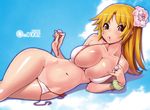  bikini blonde_hair blush breasts curvy duplicate flower hair_flower hair_ornament hips huge_breasts jewelry kei_jiei legs long_hair lying original ravioli red_eyes removing_panties ring side-tie_bikini sweat swimsuit tan tanline uncensored undressing wide_hips 