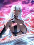  breasts cloud detached_collar elbow_gloves gloves glowing glowing_eyes large_breasts long_hair naked_suspenders red_eyes revealing_clothes selvaria_bles senjou_no_valkyria senjou_no_valkyria_1 serious solo strap_gap suspenders topless ueyama_michirou white_hair 
