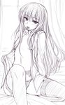  blush condom condom_in_mouth copyright_request flat_chest garter_belt greyscale long_hair mole mole_under_eye monochrome mouth_hold no_bra open_clothes open_shirt panties shirt sitting solo thighhighs underwear uni8 