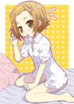  barefoot blush bottomless bra brown_eyes brown_hair condom condom_in_mouth forehead hairband k-on! lingerie mouth_hold no_pants school_uniform shimo solo tainaka_ritsu tomboy underwear 