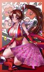  :o blush breasts brown_hair cleavage fan fatal_fury folding_fan fujimaru_arikui highres huge_breasts japanese_clothes long_hair pelvic_curtain ponytail purple_eyes revealing_clothes shiranui_mai solo the_king_of_fighters 