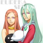  anemone_(eureka_seven) aqua_hair eureka eureka_seven eureka_seven:_pocket_ga_niji_de_ippai eureka_seven_(series) gyworz hair_ornament hairclip long_hair multiple_girls nirvash pink_eyes pink_hair raglan_sleeves theend 