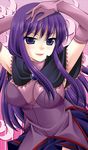  arms_up elbow_gloves gloves long_hair malariya purple_eyes purple_hair quiz_magic_academy sakura_hanatsumi solo 