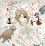  apple bad_id bad_pixiv_id bandage_over_one_eye bandages barefoot bed_sheet blood brown_eyes brown_hair food fruit hammer happy injury knife mii-kun notebook one_eye_closed open_mouth pajamas pencil scissors sitting solo stuffed_animal stuffed_toy teddy_bear tsuzuri_(itosousou) usotsuki_mii-kun_to_kowareta_maa-chan wariza wooden_pencil 