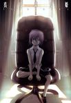  casual chair child curtains highres male_focus necktie official_art one_eye_closed sasaki_shounen shirt shorts smile solo toono_shiki_(2) tsukihime white_hair white_shirt window younger 