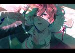  1boy formal green_eyes hypnosis_mic kannonzaka_doppo lying multicolored_hair name_tag phone red_hair shirt suit sunlight tie 