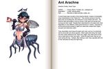  ant-arachne ant_girl antennae bra breasts character_profile cleavage elbow_gloves english gloves halter_top halterneck hard_translated insect_girl kenkou_cross large_breasts monster_girl monster_girl_encyclopedia navel official_art pointy_ears short_hair shovel silk solo spider_girl spider_web sweat text_focus translated underwear 
