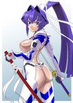  blue_hair bodysuit breasts covered_nipples large_breasts long_hair misnon_the_great mitsurugi_meiya muvluv pilot_suit sheer_bodysuit solo sword weapon white_bodysuit 