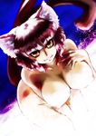 &gt;:) animal_ears bad_id bad_pixiv_id bent_over between_thighs breast_suppress breasts cat_ears cat_tail character_request chikuwa_(tks) cleavage dutch_angle eyelashes ghost_sweeper_mikami hips large_breasts looking_at_viewer multiple_tails naughty_face nekomata nipples nude purple_hair red_hair slit_pupils smile solo tail v-shaped_eyebrows yellow_eyes 