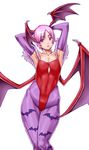  animal_print bad_id bad_pixiv_id bat_print bat_wings demon_girl elbow_gloves flat_chest gloves head_wings leotard lilith_aensland pantyhose print_legwear purple_hair red_eyes red_leotard short_hair solo succubus vampire_(game) wings yukinishi 