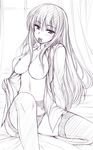  blush breasts condom condom_in_mouth copyright_request garter_belt greyscale large_breasts long_hair mole mole_under_eye monochrome mouth_hold no_bra open_clothes open_shirt panties shirt sitting solo thighhighs underwear uni8 