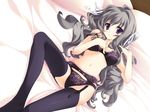  bed_sheet black_bra black_legwear black_panties blush bow bow_panties bra garter_belt gotou_nao grey_hair hair_ribbon koiiro_soramoyou lingerie long_hair lying on_back panties purple_eyes ribbon solo thighhighs underwear underwear_only utsumi_shizuna wallpaper 