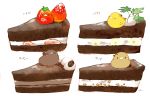  artist_name banana bird cake chai chocolate coffee coffee_beans commentary_request cream dessert food fruit highres leaf looking_at_viewer multiple_others no_humans original simple_background sitting_on_food slice_of_cake strawberry translation_request white_background 