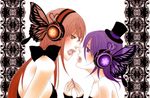  bleach bow butterfly_wings eye_contact face-to-face hat headphones holding_hands inoue_orihime kaho_(ramb) kuchiki_rukia long_hair looking_at_another magnet_(vocaloid) mini_hat mini_top_hat multiple_girls nail_polish open_mouth orange_eyes orange_hair parody purple_eyes purple_hair purple_nails red_nails top_hat vocaloid wings yuri 