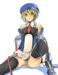  arao bare_shoulders beret black_legwear black_panties blazblue blonde_hair boots green_eyes hat necktie noel_vermillion panties pantyshot pantyshot_(sitting) short_hair sitting solo sweat thighhighs underwear 