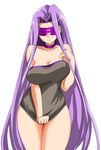  bad_id bad_pixiv_id bare_shoulders blindfold breasts cleavage collar curvy facing_viewer fate/stay_night fate_(series) large_breasts long_hair no_pants purple_hair rider shirt shirt_pull shirt_tug simple_background solo tarushimu thigh_gap very_long_hair white_background wide_hips 