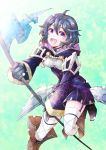  1girl black_gloves black_hair dress ebi_puri_(ebi-ebi) fire_emblem fire_emblem:_kakusei fire_emblem_heroes flag gloves holding holding_flag hood hood_down leg_up long_sleeves mark_(female)_(fire_emblem) mark_(fire_emblem) nintendo open_mouth purple_eyes short_dress short_hair solo white_legwear 