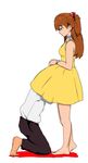  1girl bad_id bad_pixiv_id barefoot brown_hair choker dress dress_lift hair_ornament hairclip head_under_skirt ikari_shinji mogumogumogu neon_genesis_evangelion orange_hair pants school_uniform souryuu_asuka_langley twintails under_skirt watch wristwatch yellow_dress 