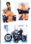  2girls angel_(kof) artbook ass bikini_tan black_hair blue_eyes boots breasts collage fingerless_gloves gloves ground_vehicle highres homare_(fool's_art) k' large_breasts leather lips looking_back motor_vehicle motorcycle multiple_girls on_motorcycle open_mouth orange_eyes panties purple_eyes scan scan_artifacts short_hair sideboob tan tanline the_king_of_fighters thigh_boots thighhighs thong underwear undressing whip whip_(kof) white_hair yuri 