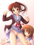  ashermes bad_id bad_pixiv_id brown_eyes brown_hair cameltoe genderswap genderswap_(mtf) kita_high_school_uniform koizumi_itsuki_(female) kyonko multiple_girls panties school_uniform serafuku skirt suzumiya_haruhi_no_yuuutsu underwear white_panties 